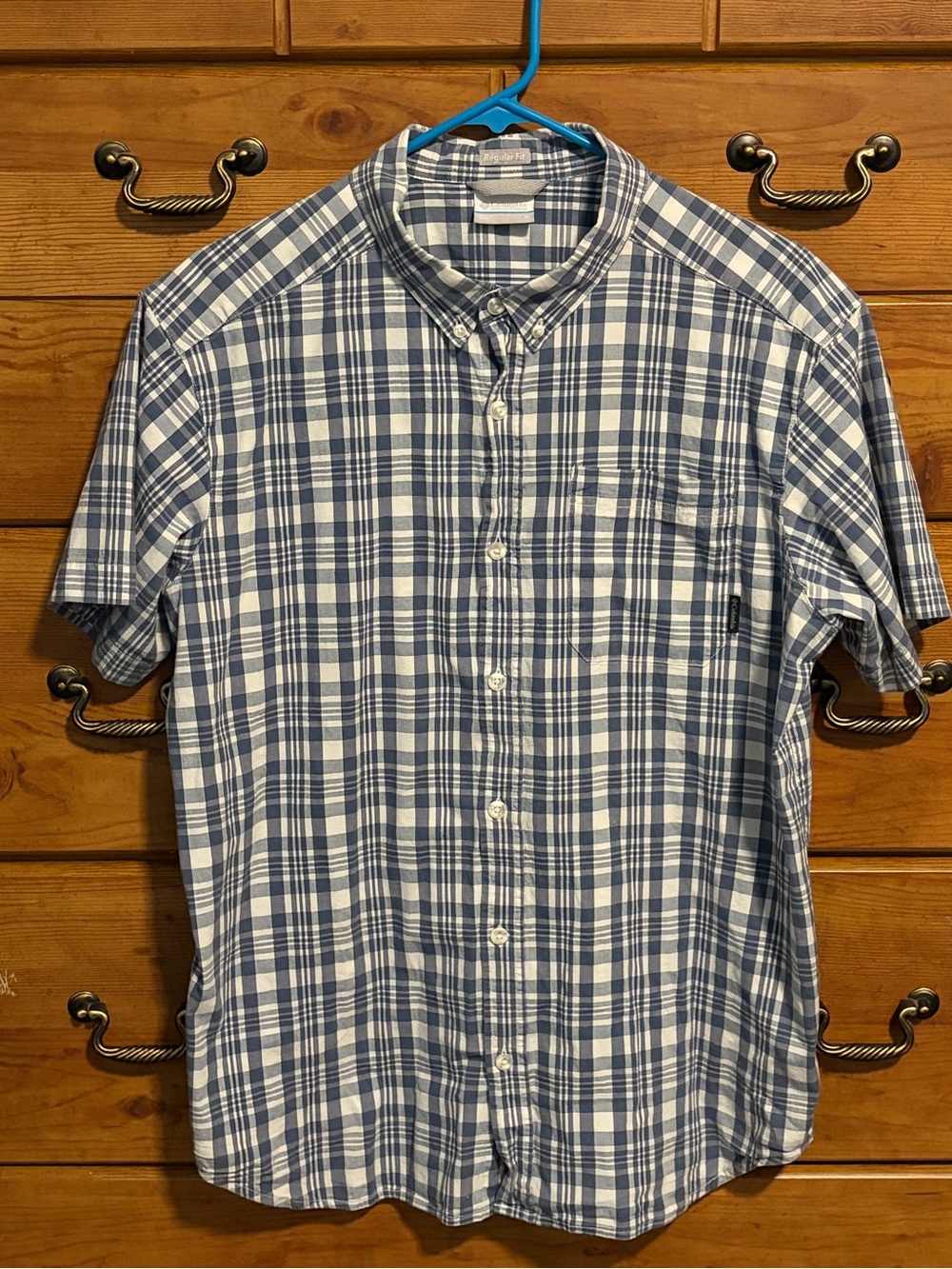 Columbia Blue and White Plaid Short-Sleeve Button-Down Shirt